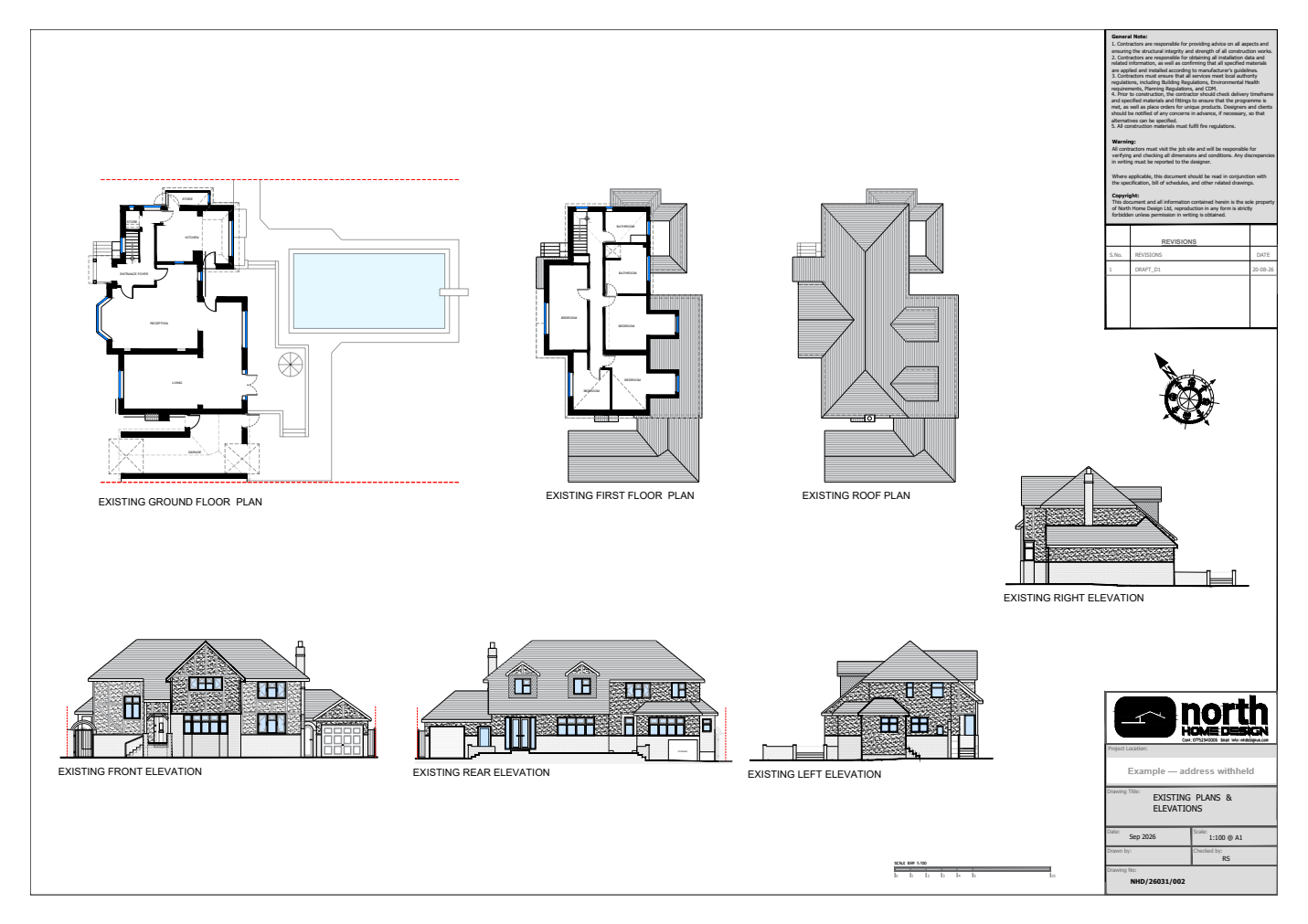 Example combined sheet showing ground, first floor and roof plans with all four elevations